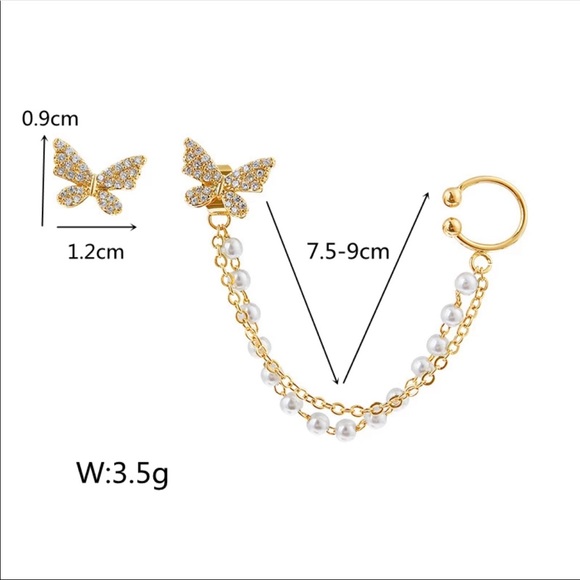 "Fluttering Free" Butterfly Diamond Cuff Stud Gold Silver Dainty Pearl Earrings - Picture 12 of 12